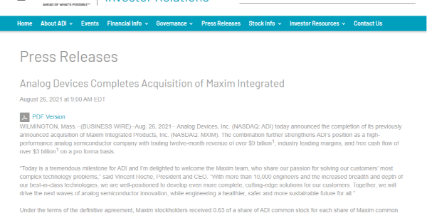 ADI完成對美信的收購,12個(gè)月收入將超90億